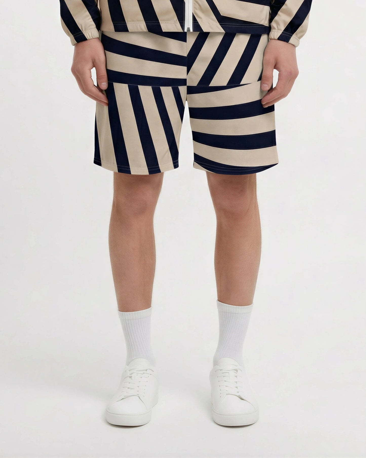Meridian Stripe – Navy & Sand Geometry Shorts