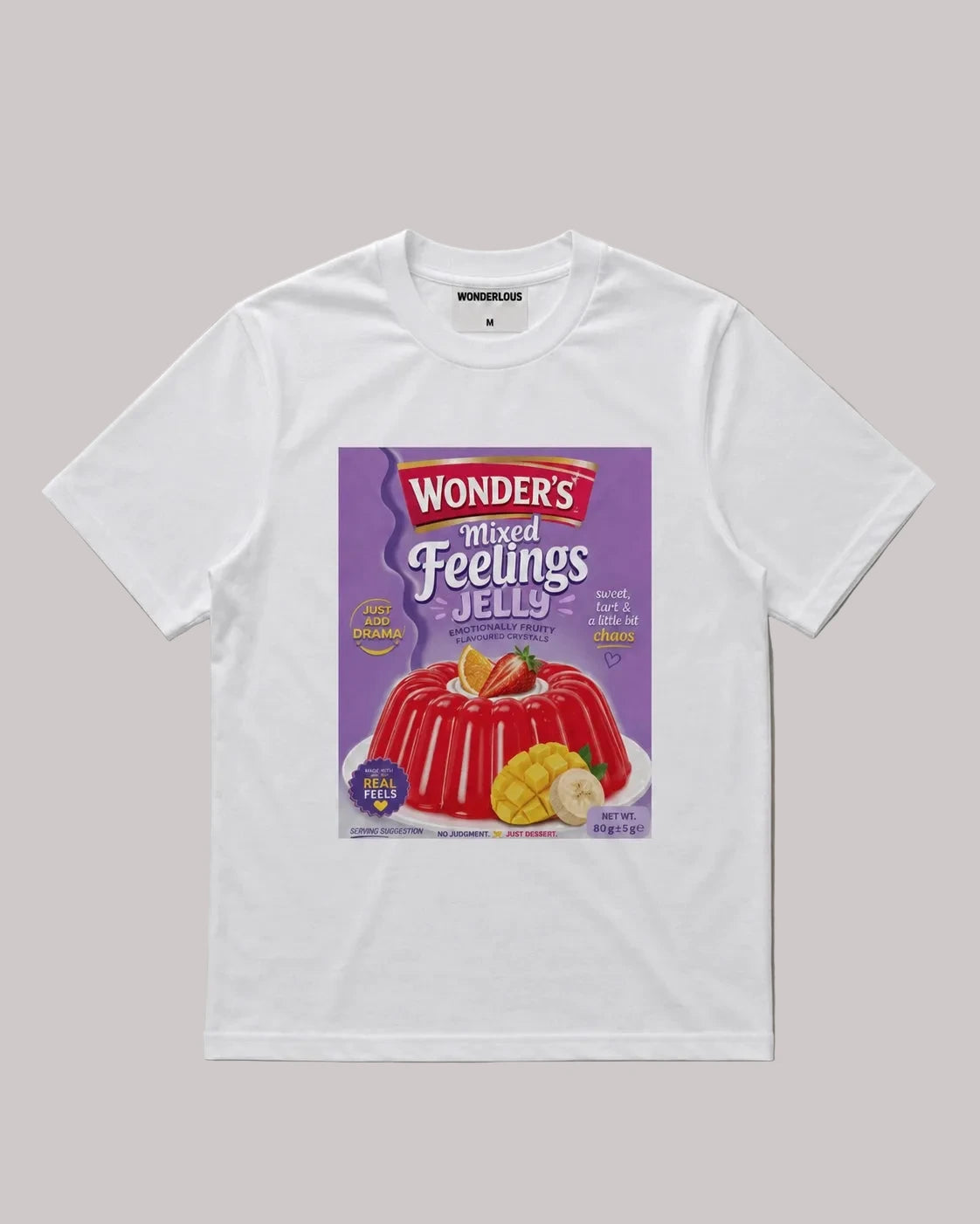 White t-shirt with a 'Wonders' jelly box graphic on a gray background